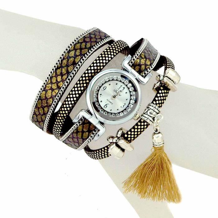 Montre bracelet Bijou femme Cuir retourn Coton Femme Dor 2 rangs