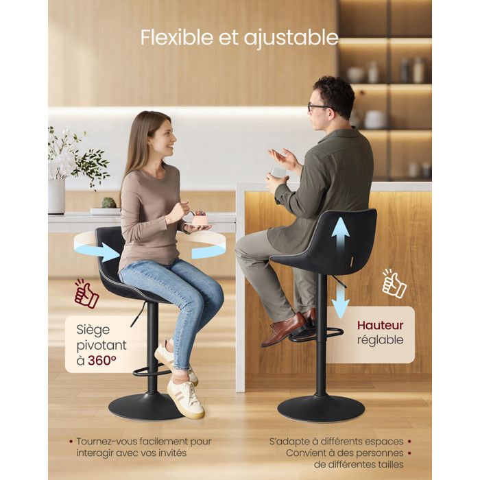Tabourets De Bar VASAGLE, Lot De 2 - Pivotants, Hauteur Réglable, Dossier Ergonomique En Velours - Gris Anthracite - Pour îlot Cuisine Et Bar - 2