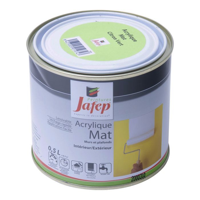Peinture Acrylique Mate Jafep - Citron Vert 0,5L - Pour Intérieur/extérieur - Rendement 6-7m²
