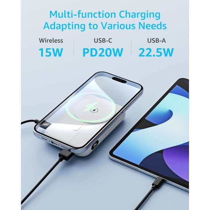 Batterie Externe MagSafe 10000 MAh - Charge Rapide 22,5W, Sans Fil Magnétique, écran LED, Pour IPhone