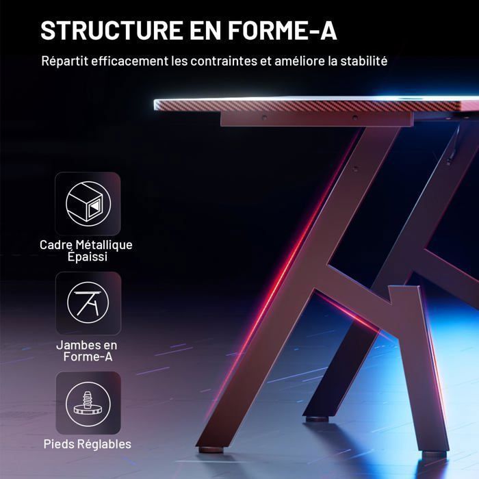 Bureau Gaming Motorisé LED RGB 140 X 60 Grand Bureau Gamer Avec Plateau