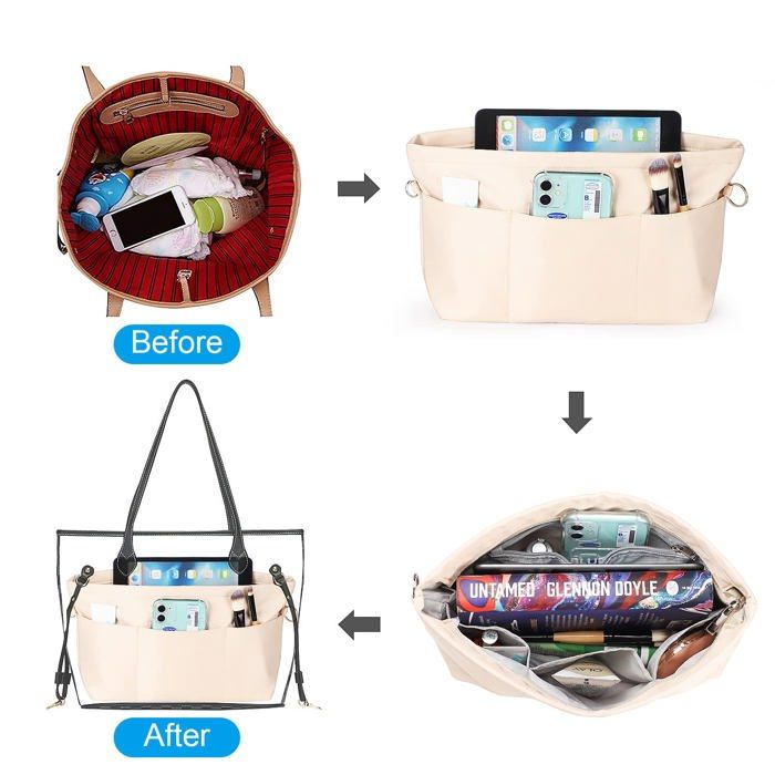 Organisateur De Sac à Main En Feutre – Beige, Multi-Poches Avec Fermeture Éclair, Insert Pratique Pour Sac Bandoulière