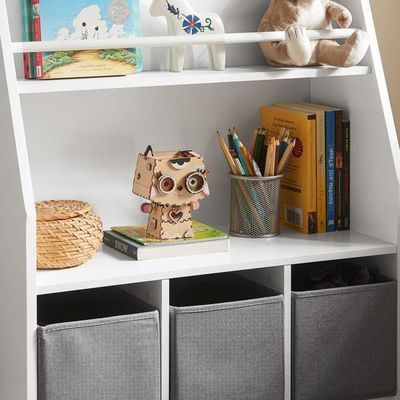 Bibliothèque Enfant En Pin Avec Bacs Tissu - 5 Bacs + 1 Porte-livres, Motif Licorne, 79 Cm