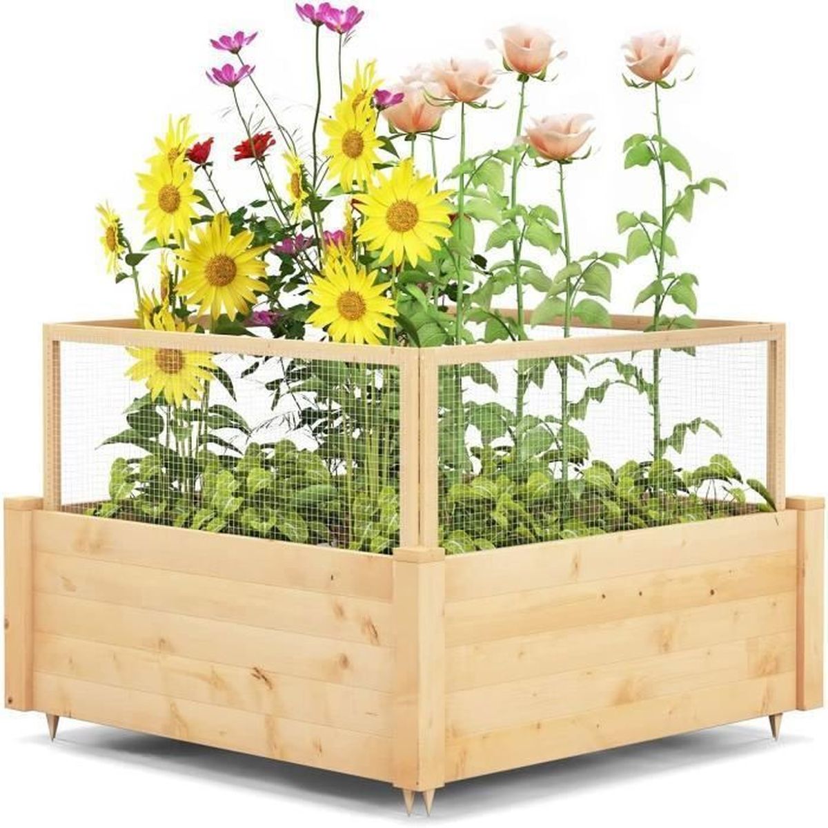 Jardinière Surélevée Avec Tablette Pliante - Bois Sapin, 67x63,5x74,5 Cm, Rangement Outils, Pour Balcon/jardin - 2