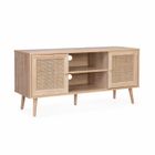 SWEEEK Meuble TV en cannage 120x39x56.5cm - Bohème - Naturel. 2 niveaux. 2 étagères. 2 portes. pieds scandinaves