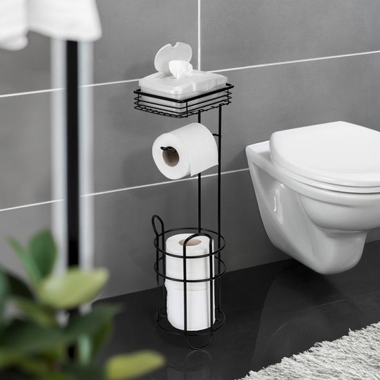 Porte Papier Toilette Sur Pied Avec Brosse WC - Support Amovible Et Sans Perçage - Noir - 13