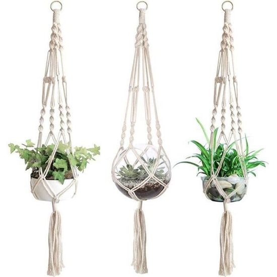 Suspension Macramé Pour Plantes En Jute - 90 Cm - Fait Main, Pour Intérieur Et Extérieur, Sans Pompons