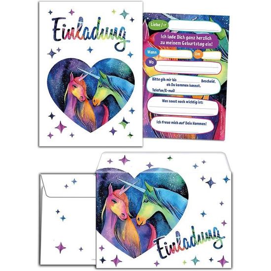 Junaversum Lot De 12 Cartes D'invitation Avec 12 Enveloppes Pour 7e Anniversaire D'enfant Fille Licorne