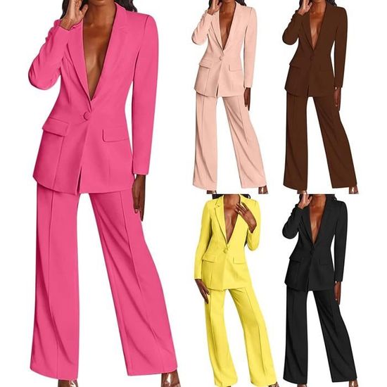 2023 Tailleur Femme 2 Pièces Ensemble À Manches Longues Entaillé Double Boutonnage Blazer Veste Costume Pantalon Solide Travail Bureau D'affaires