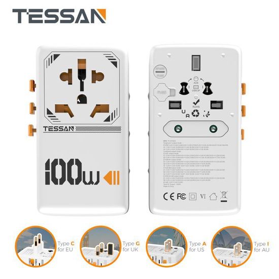 Adaptateur Prise Universelle Voyage Avec 4 Ports USB - Double Fusible 10A Pour USA UE UK Australie