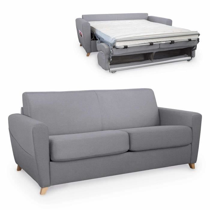 Canapé 3 places convertible scandinave en tissu gris ouverture express