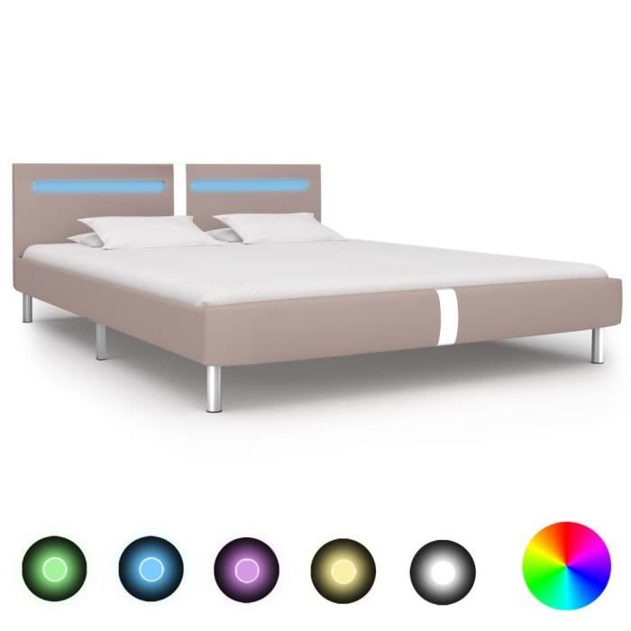 Cadre De Lit Similicuir :Queen Size 160*200 Cm - Lit Design De Luxe Avec LED - Élégant&Contemporain - Sommier à Lattes Inclus -