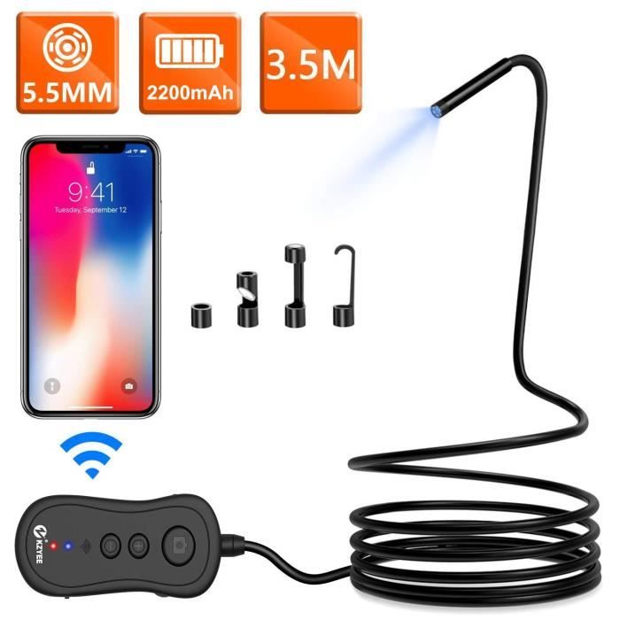 KZYEE 5,5mm WiFi Endoscope 2,0 MP 2200mAh Wireless Snake Caméra d’Inspection 1080P HD Zoom Digital Reset Etanche pour Android iOS