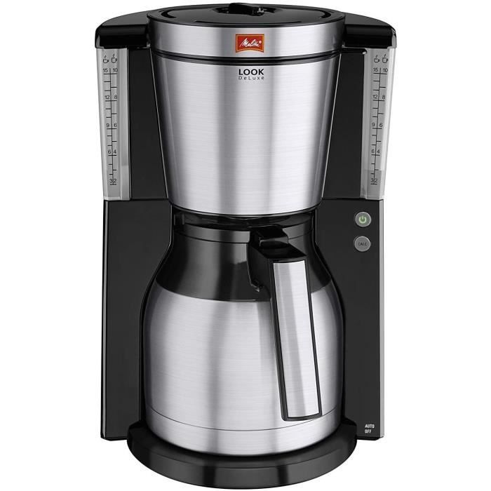 Melitta Cafetière à Filtre avec Verseuse Isotherme, Sélecteur d’Arôme, Look Therm DeLuxe, Noir/Acier Brossé, 1011-14
