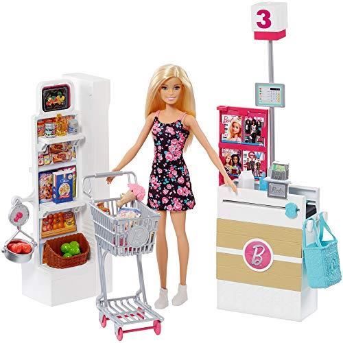 Barbie Mobilier Coffret Supermarché fourni avec poupée à robe fleurie, rayon de marchandise, cais