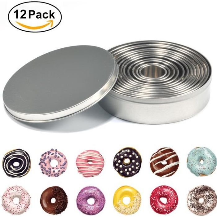 12PCS Emporte-Pièces Rond Acier Inoxydable Cercles à Pâtisserie Donut Cutter Moule pour Biscuits Pâtes à Sucre Gâteaux