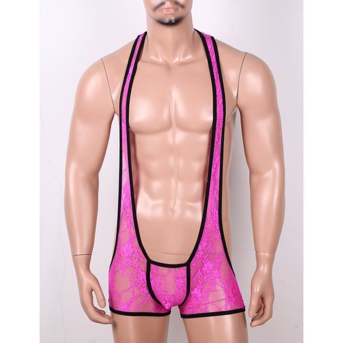 dPois Combinaison Sexy Homme Sissy Lingerie de Nuit Singlet Body String Dentelle Culotte Ouverte Fesse Maillot de Corps M-XL