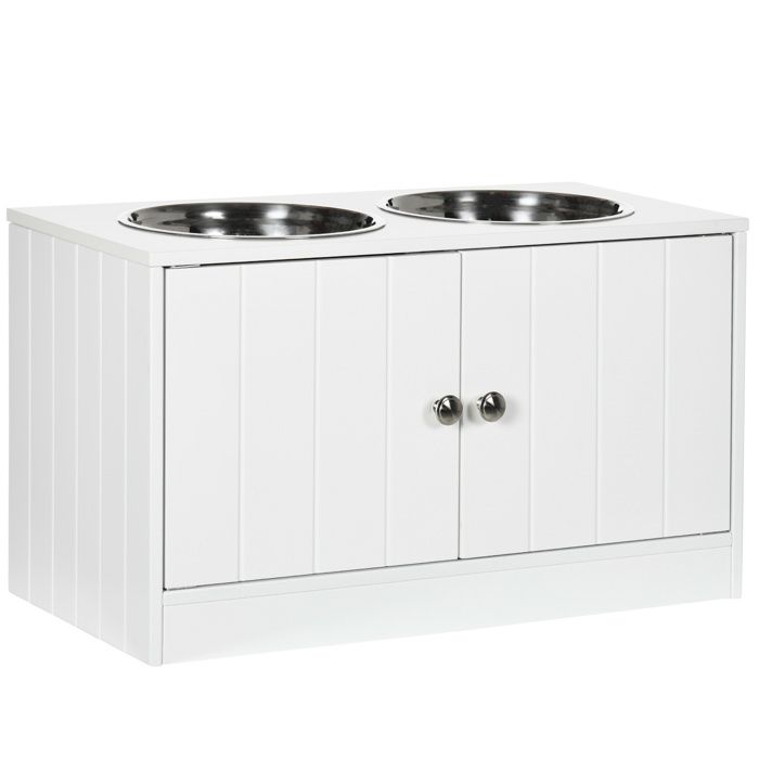 Gamelle double chien chat - porte-gamelles surélevé armoire 2 en 1 - 2 portes, 2 gamelles - MDF blanc acier inox. 60x30x35cm Blanc