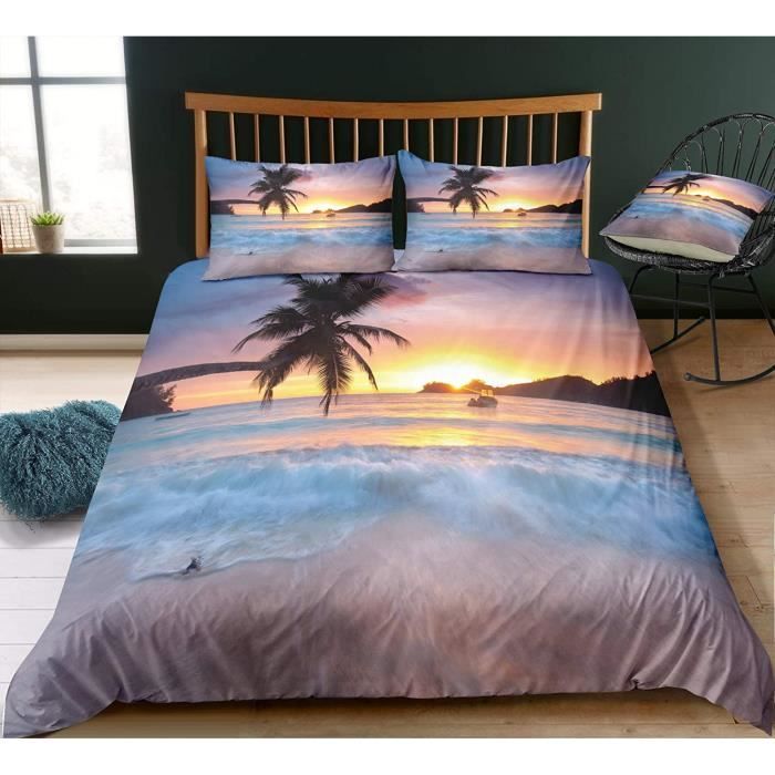 Housse de Couettes Parure de Lit, 3 Pièces Microfibre 3D La mer Océan Ensemble de Literie (140x200cm-2pcs,Lever du Soleil)@M9705