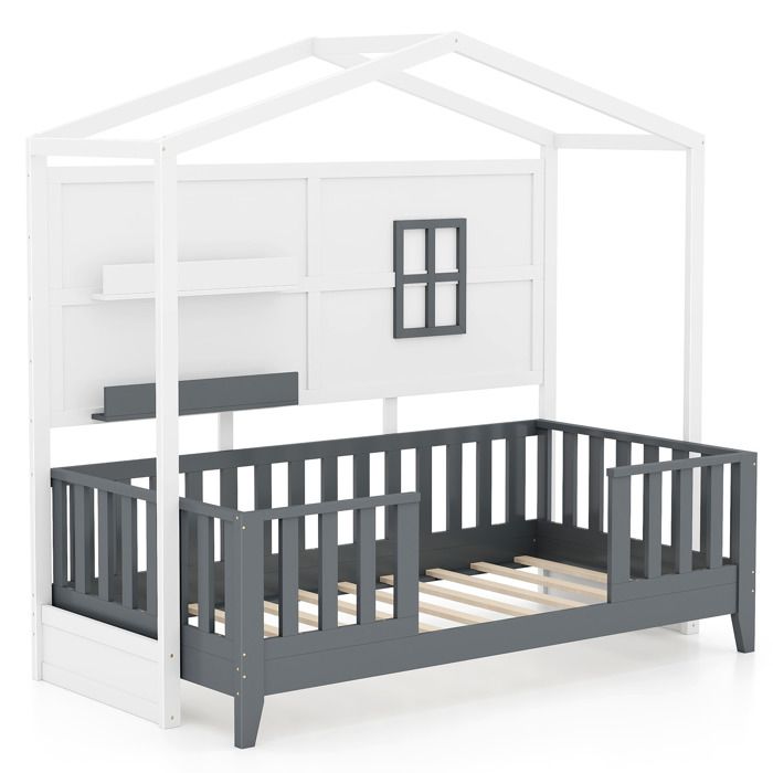 COSTWAY Lit en Forme de Maison en Bois pour Enfants avec 10 Lattes Fenêtre 2 Etagères et Garde-Corps 208 x 105 5 x 195 cm