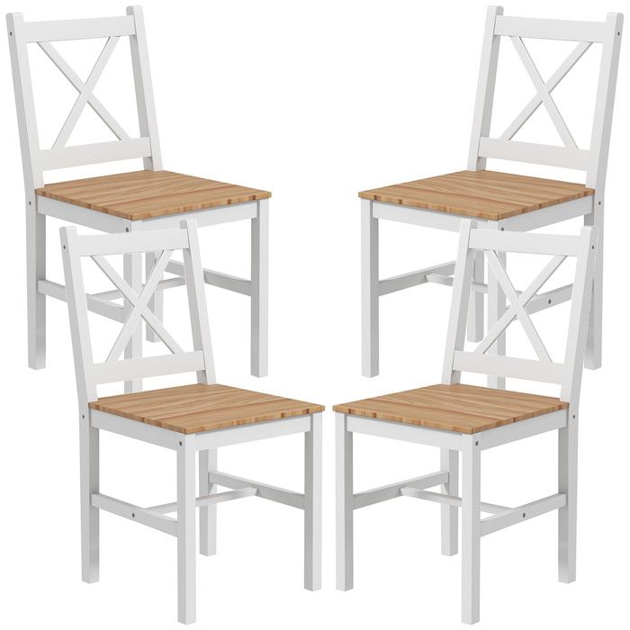 Lot de 4 chaises de salle à manger - HOMCOM - Style maison de campagne - bois naturel et blanc