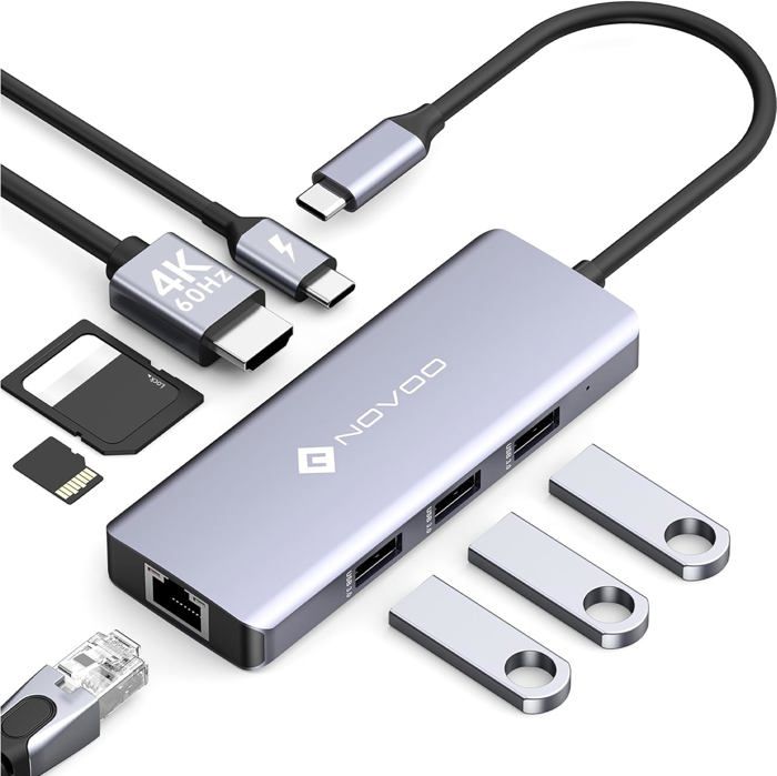 Hub USB-C 8-en-1 : HDMI 4K, Ethernet, Charge PD 100W, USB 3.0/2.0, Lecteur SD/TF | Compatible MacBook, IPad, Dell, Surface