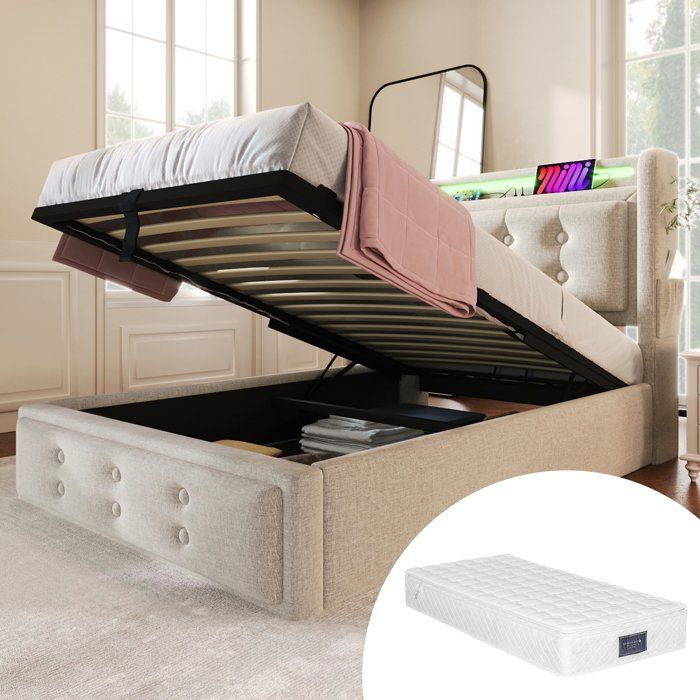 Lit simple rembourré 90x200 tête de lit LED et USB-C sommier lattes bois cadre métal 150 kg Beige Coton avec matelas