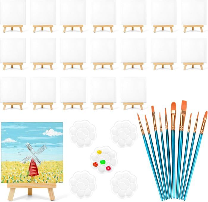 Lot De 6 Mini Toiles 10x10cm + 1 Mini Chevalet En Bois - Kit Peinture Créative