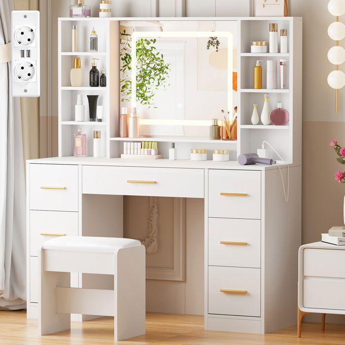 Coiffeuse Elégante Avec Miroir LED, Plateau En Verre Trempé, 5 Tiroirs,Armoire Latérale,Blanc Moderne,120x45x115cm - Maison