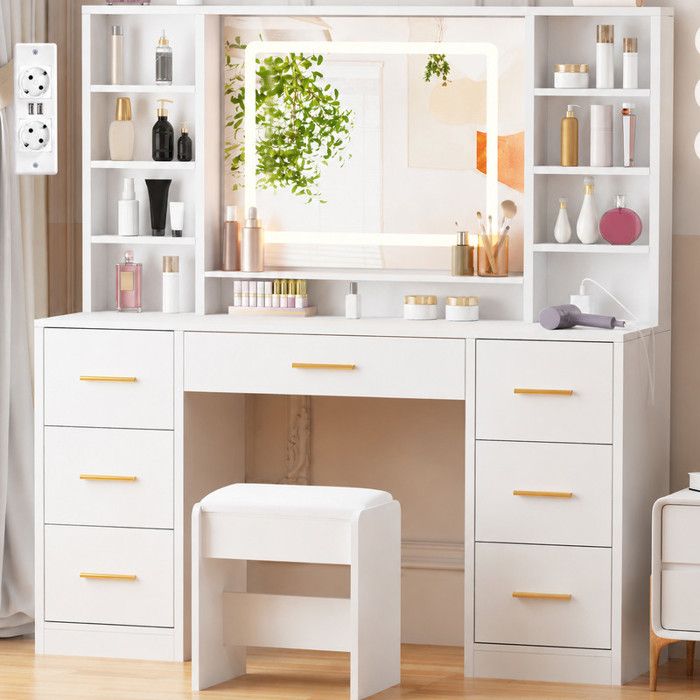Coiffeuse Grande avec Miroir et Tabouret LED Réglable Prise et Port USB 7 Tiroirs de Rangement Blanc