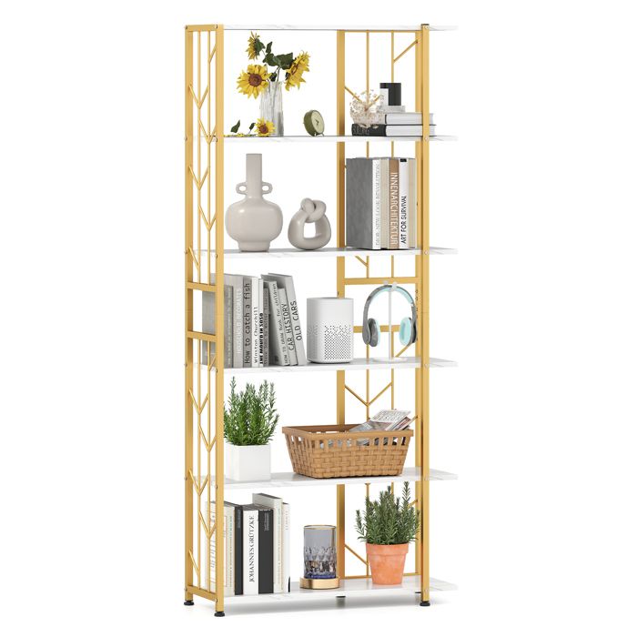 COSTWAY Bibliothèque Géométrique 180 cm à 6 Étagères Cadre en Métal 2 Kits Anti-basculement pour Salon Chambre Bureau Blanc