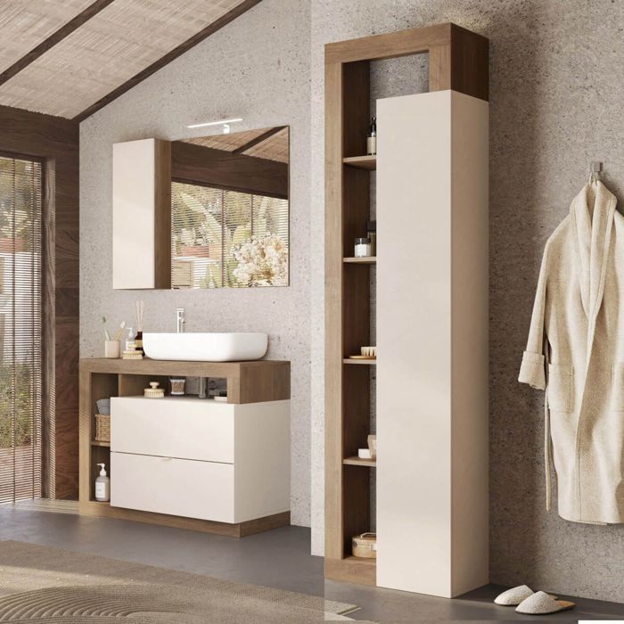 Ensemble meuble vasque 92cm + colonne Cachemire et aspect bois Mercure - ARTURO Ensemble meuble vasque 92cm + colonne Cachemire et aspect bois Mercure - ARTURO