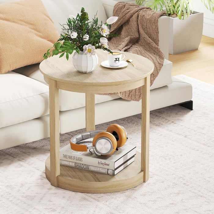 Table Basse Salon à 2 Niveaux COSTWAY Étagère de Rangement Pieds en Bois de Caoutchouc Table Ronde pour Chambre Bureau Chêne
