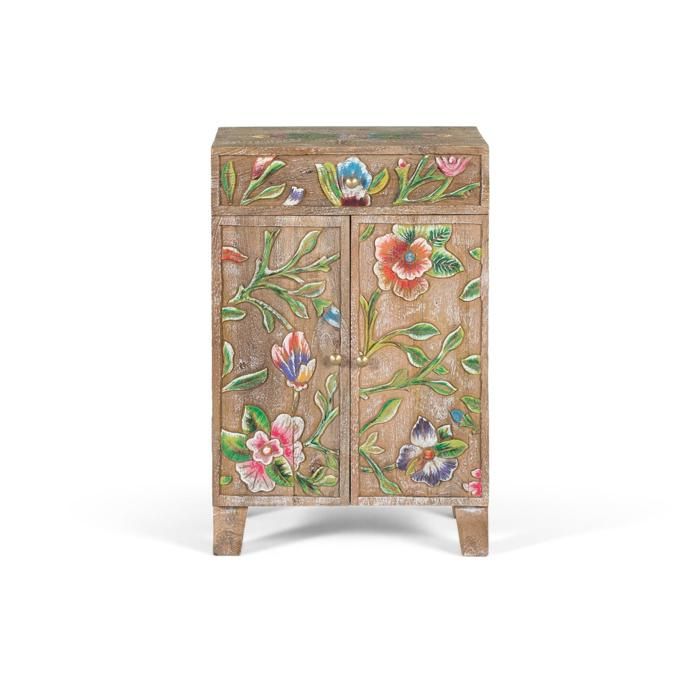 Buffet bas en bois de manguier - Détails peints à la main - Style vintage - Multicolore - Tiroir supérieur - Deux portes