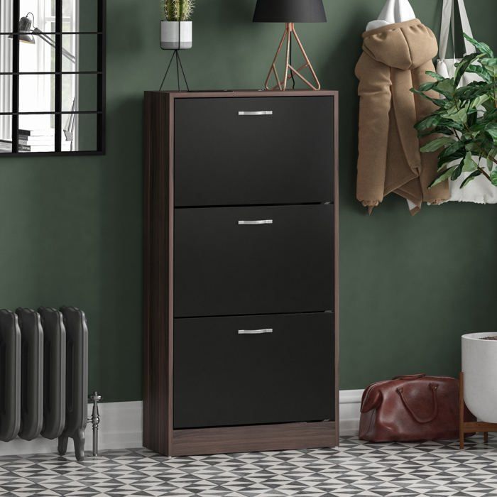 Meuble à chaussures 3 tiroirs – Armoire de rangement pour chaussures meuble d’entrée ou de couloir Noyer et noir