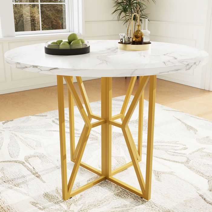 Table à Manger 80 x 80 x 76 cm table ronde 4 à 6 personnes pieds dorés plateau effet marbre en MDF