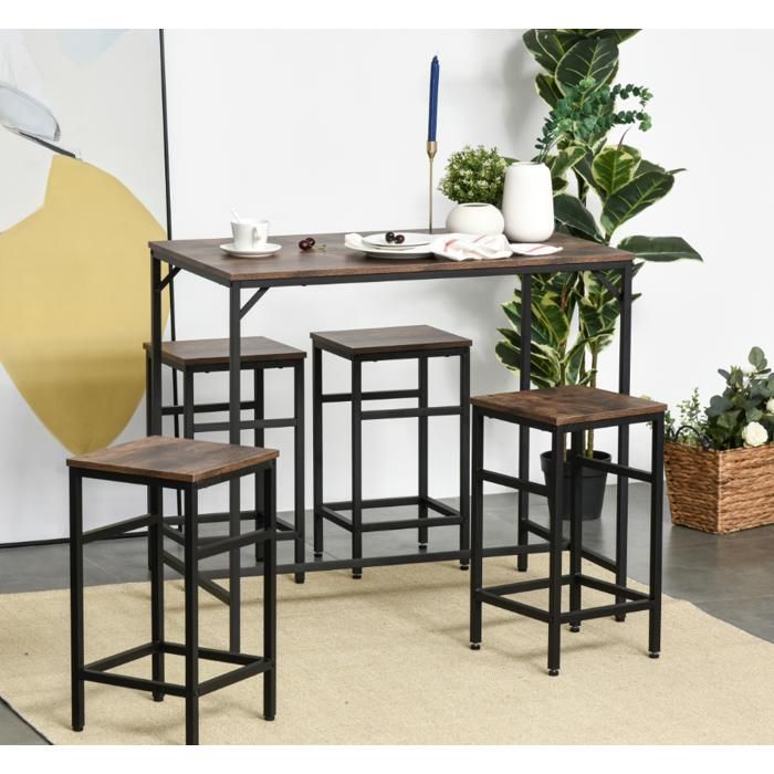 Ensemble Industriel Table Haute + 4 Tabourets Bois Chêne Métal Noir