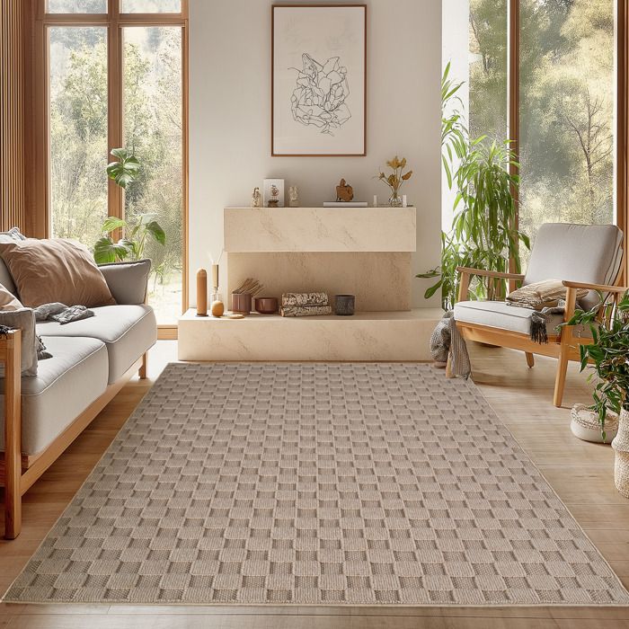 SIMPEX Tapis Salon 160x230 cm Beige Design à Carreaux Bouclé Boucles Style Résistant Facile à Nettoyer Coin Canapé Chambre