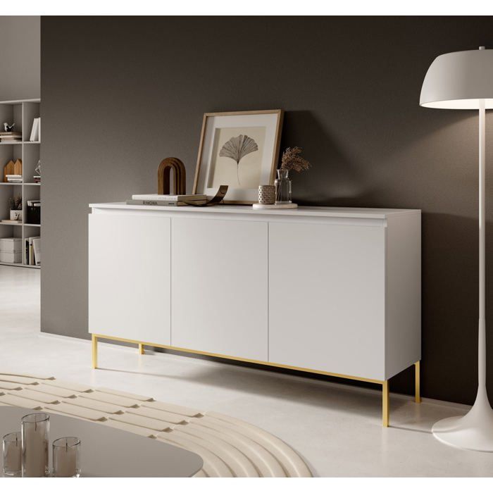 Commode à trois portes – BEMMI – 150 cm – blanc avec pieds dorés Commode à trois portes – BEMMI – 150 cm – blanc avec pieds dorés