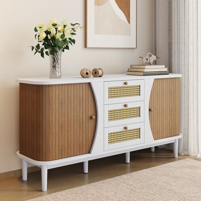 Buffet avec portes coulissantes et trois tiroirs armoire haute en rotin étagères réglables plan de travail incurvé finition bois