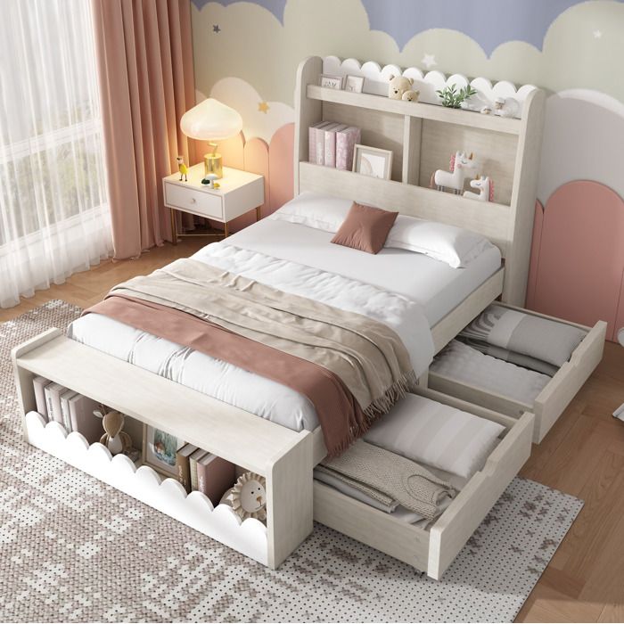 Lit enfant 90x190 EVRYAE avec 2 tiroirs étagères et banc de rangement sommier inclus blanc et chêne clair