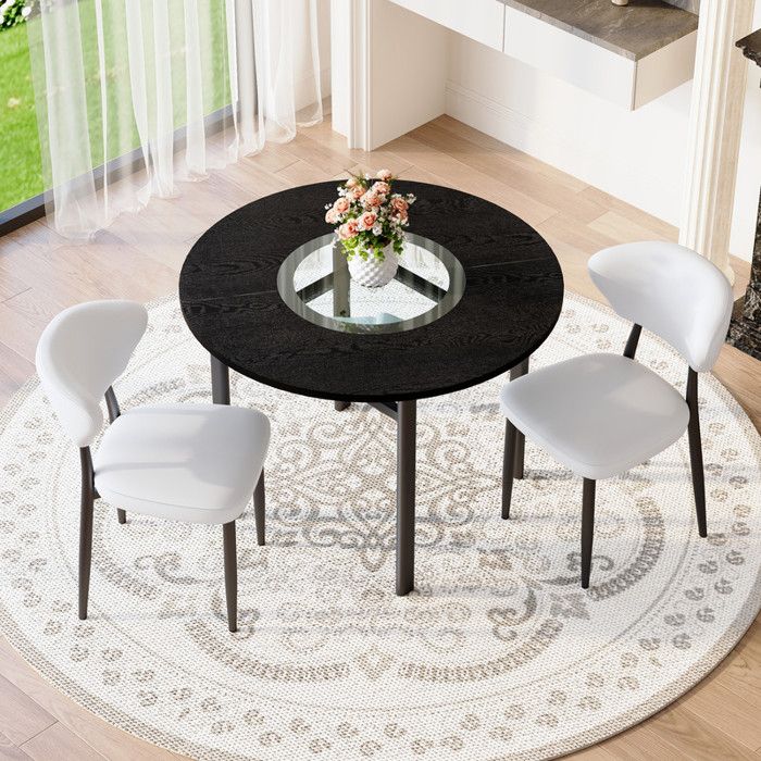Ensemble de table ronde - 100 cm - Verre trempé - 2 fauteuils blancs - Aspect bois noir