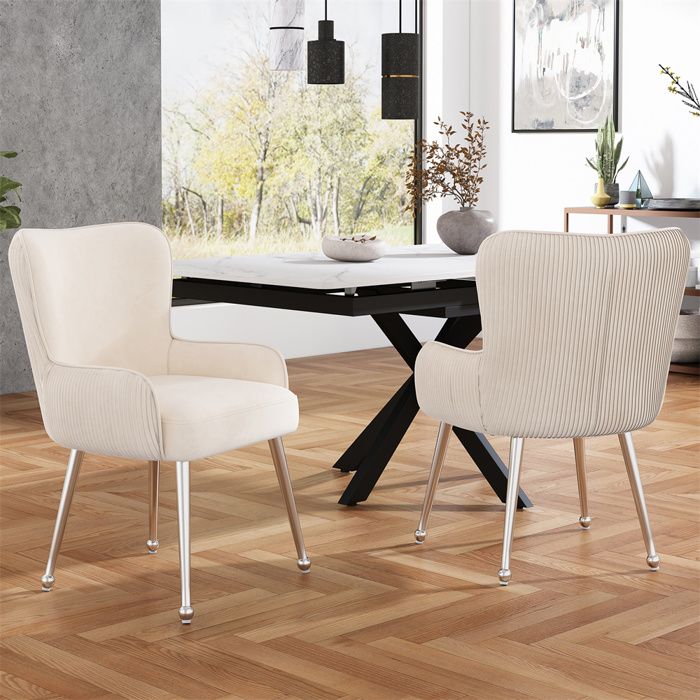 Lot de 2 Chaises de Salle à Manger - Dossier et Accoudoir - Chaise de Cuisine - Tissu en Velours - Pieds en Métal Argenté - Beige