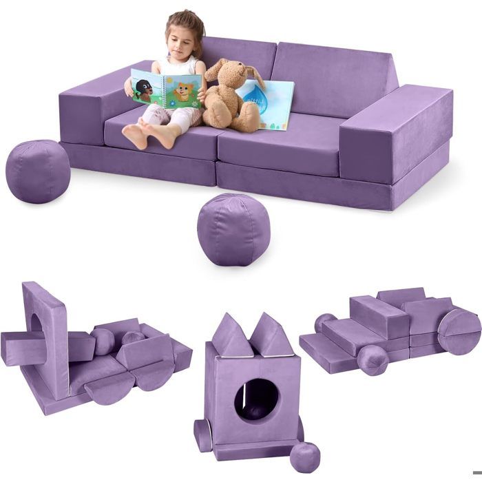 Canapé Enfant Convertible 12 PCS en Mousse-Housses Amovibles et Lavables-Chauffeuse Enfant 2 Places Transformable violet