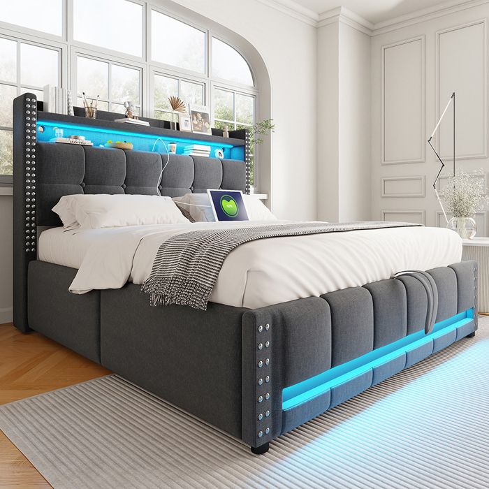 Lit coffre 140x200cm en lin - avec LED et prise USB - Coffre de rangement - Sommier à lattes - avec levier hydraulique - Gris