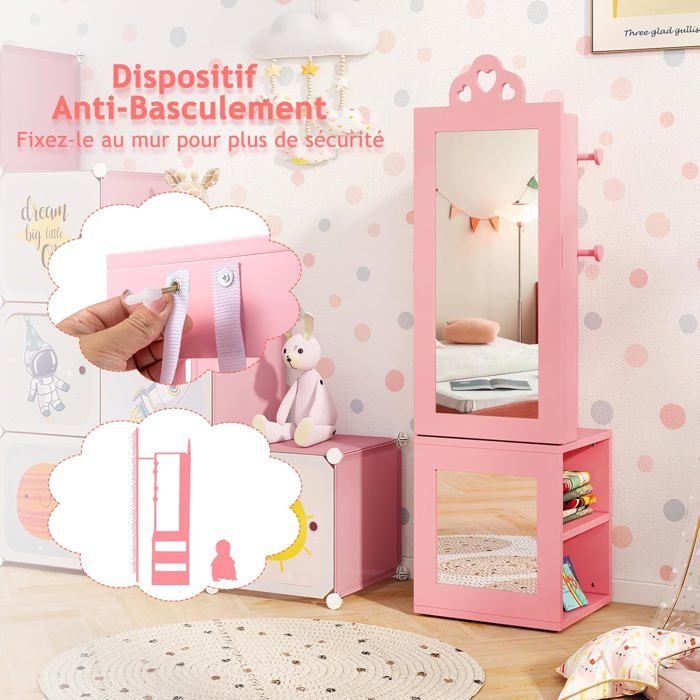 GIANTEX Armoire à Bijoux pour Enfants avec Miroir Pleine Longueur avec Porte-vêtements-Kit Anti-basculement-34x30x117CM Rose