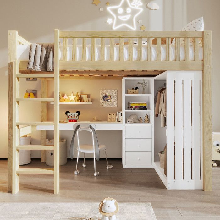 Lit mezzanine avec bureau et rangement - 140x200 cm - Naturel - Pin et MDF - Bureau intégré - Armoire ouverte