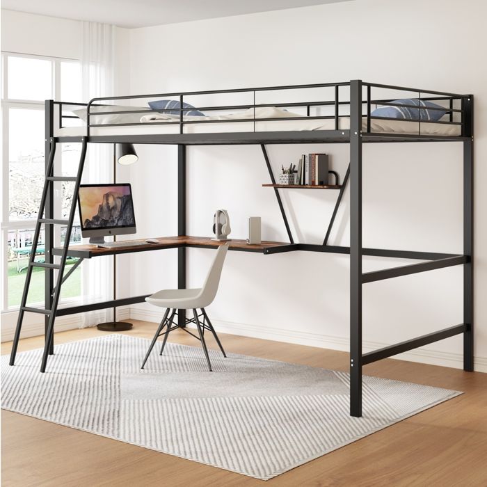 Lit mezzanine enfant 90x200 cm. avec 1 bureau et L et bibliothèque de rangement. métal. noir
