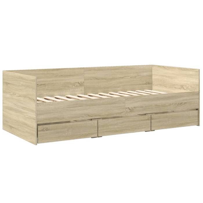 ShieldPro®Structure de Lit de jour - Meuble de chambre - Sommier à Lattes - 1 personne - avec tiroirs sans matelas - chêne sonoma 90