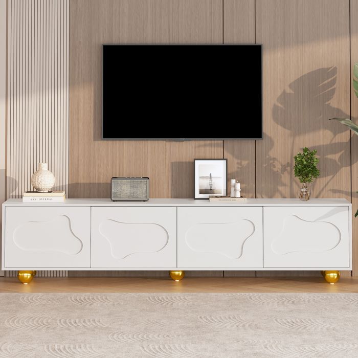 Meuble TV Blanc 180 cm Meuble Bas Télévision avec 4 Portes 2 Compartiments Rangement - Design Nuage Mignon - Adapté TV 75 Pouces